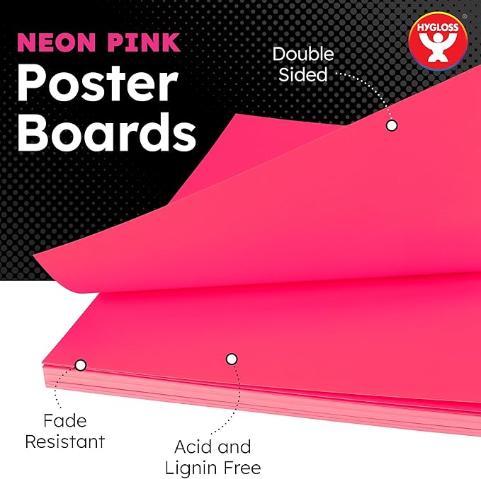 Hygloss Large Poster Board 22x28 - 25 Neon Pink Single Color Poster Boards Bulk Pack - 10 Pt. Thickness Colored Poster Board Paper for Projects, Signs, Displays - Posterboard Multipack 22" x 28"
