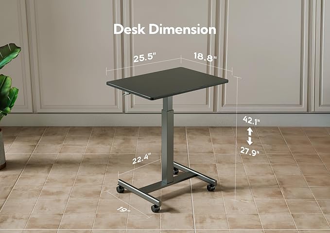 YDN Mobile Mobile Standing Desk, Adjustable Height Portable Laptop Desk with Lockable Wheels, 25.5" x 18.8" Rolling Desk with Hook for Computer Workstation, Black