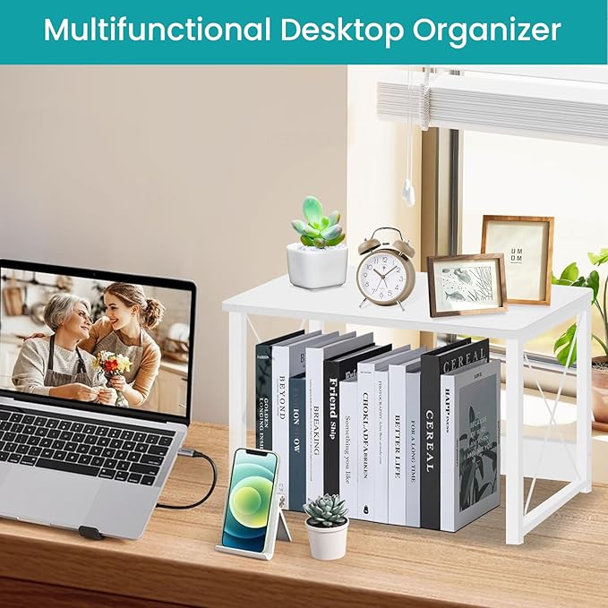 ELITEROO Desktop Printer Stand with Storage, Printer Stand Shelf Desk Organzier for Home/Office, Modern Wood Printer Riser Under Desk Small Table for Printer Fax Machine Copier Scanner (White)