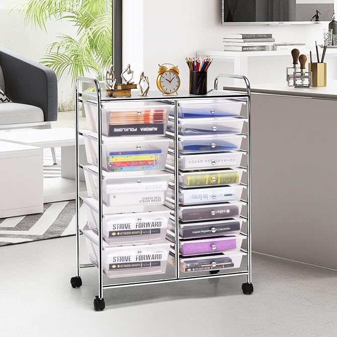 COSTWAY 15 Drawer Rolling Storage Cart, Multipurpose Mobile Storage Organizer w/Removable Drawers & Metal Frame, Utility Tools Paper Organizer on Wheels for Home, Office (Transparent)