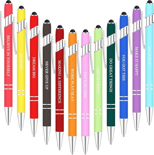 Zonon 12 Pcs Inspirational Pens Bulk Funny Ballpoint Pen with Stylus Tip Motivational Gifts for Valentine's Day Teacher Coworkers Nurse School Office Supplies(Assorted Color,Motivational Style)