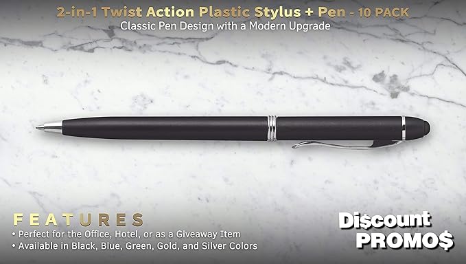DISCOUNT PROMOS Twist Action Plastic Stylus Pens, Set of 10, Bulk Pack - Pens for Work, Cool Pens for Writing, Black Ink - Black