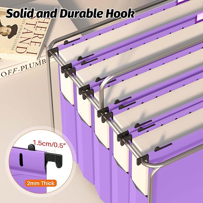 Shutex Extra Capacity Plastic Hanging File Folders,12 Pack Reinforced Expanding Hang Folder Letter Size,Accordian Pocket,Heavy Duty 2 Inch Expansion,Hanging Folder Organizer for Office Home,Purple