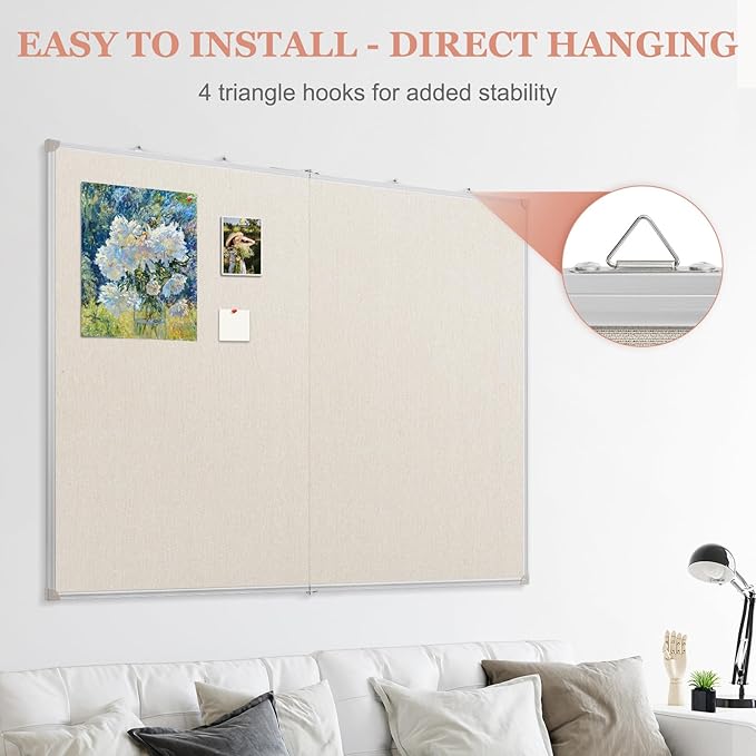 AMUSIGHT Double-Sided Large Cork Board with Linen, 60" x 40" Foldable Hanging Aluminum Framed Bulletin Board, Vision Board Pin Board Corkboards for Walls, Office, School Decor, 20 Pushpins