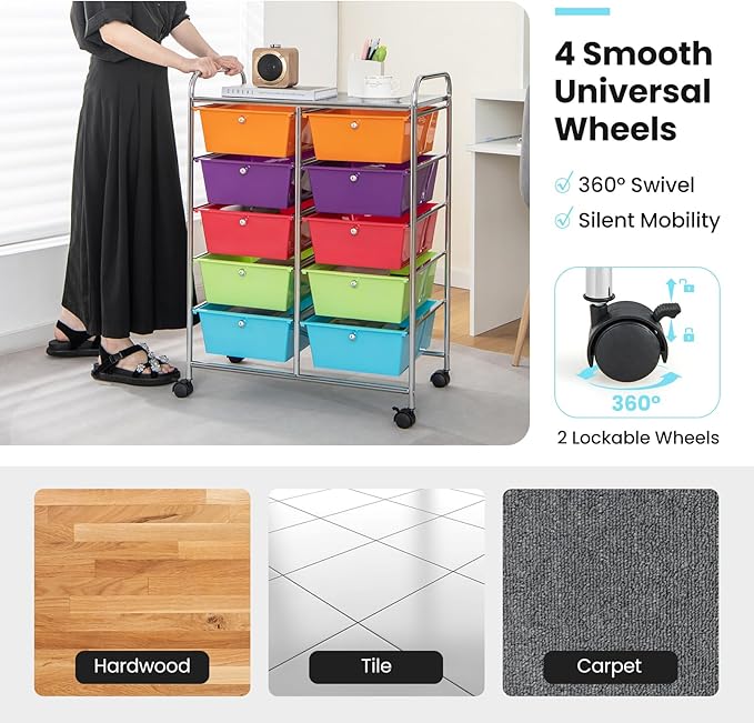 GLACER 10 Drawer Rolling Cart, Storage Cart with Lockable Whieels & Metal Frame, Trolley for Art Craft Oganizer, Mobile Utility Cart for Office, School, Classroom, Kitchen (Rainbow Color)