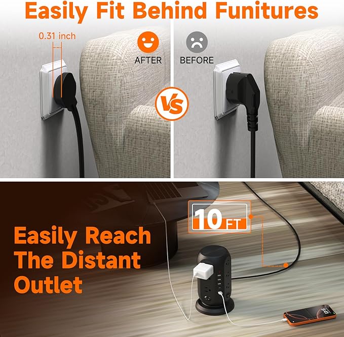 Tower Power Strip with 12 Outlets and 5 USB Ports (2 USB-C), Flat Extension Cord 10 Ft, Surge Protection 1250W Multiple Outlets Charging Station for Home Office Dorm Room