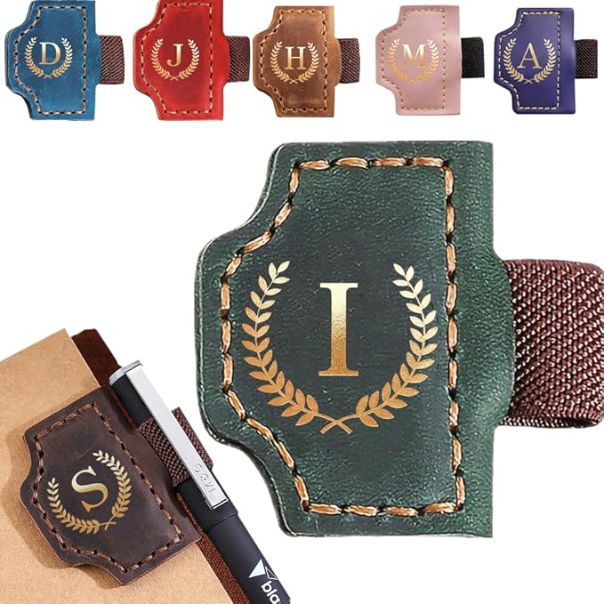 Personalized Mark Bookmark with Pen Holder, Leather Magnetic Book Marker 26 Letters,Custom Initials Page Marks, Gifts for Book Lovers Readers Men Women (Green, I)