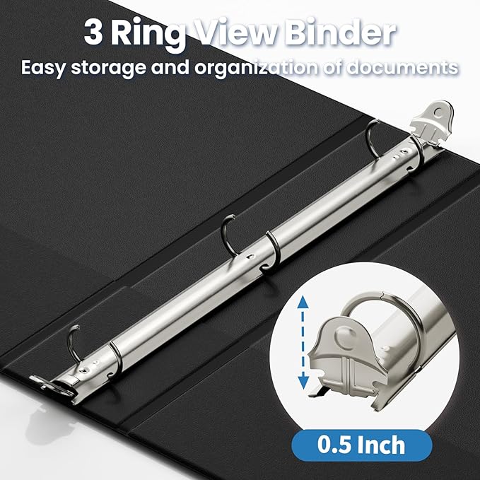 SUNEE 3 Ring Binders 1/2 Inch 12 Pack, Clear View Three Ring PVC-Free (Fit 8.5x11 Inches) for School or Office Supplies, Black