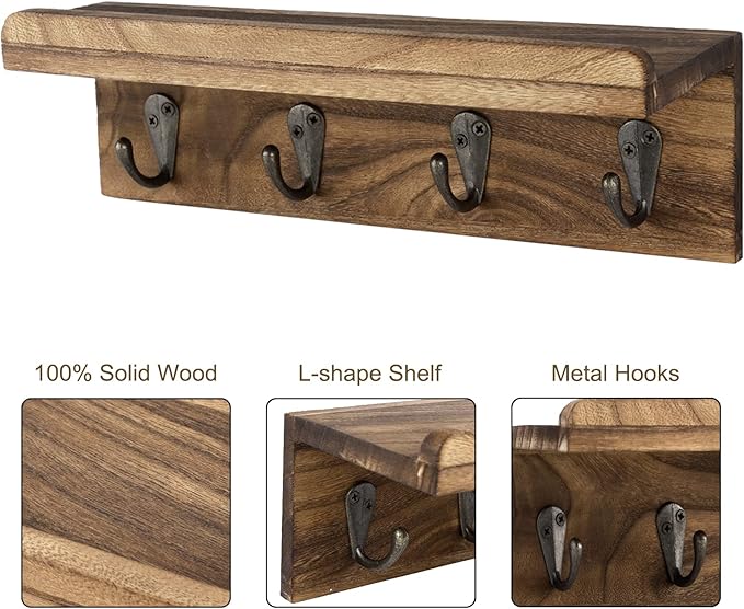 HRONRAD Rustic Key Holder for Wall, Farmhouse Wall Shelf with 4 Hooks, Wall Mounted Key Racks, Wooden Mail Organizer with Hooks for Entryway (Brown)