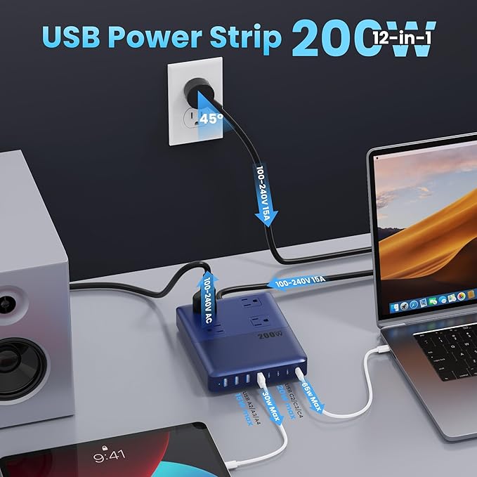 12-in-1 Charging Station USB C Power Strip with 5ft Cord,200W GaN IV USB C Charger Block,4 AC Outlets,8 USB for MacBook,iPhone 16/15/14,Fast Charging Desktop Charger for Office (A-Blue)