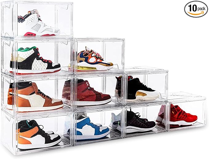 KDOR Shoe Box Clear Plastic Stackable for Sneakers,Closet,Hat. 10 Pack Sneaker Storage Boxes with Magnetic Door, Acrylic Display Case, Strong and Sturdy Fit Shoe Size Up to US 15