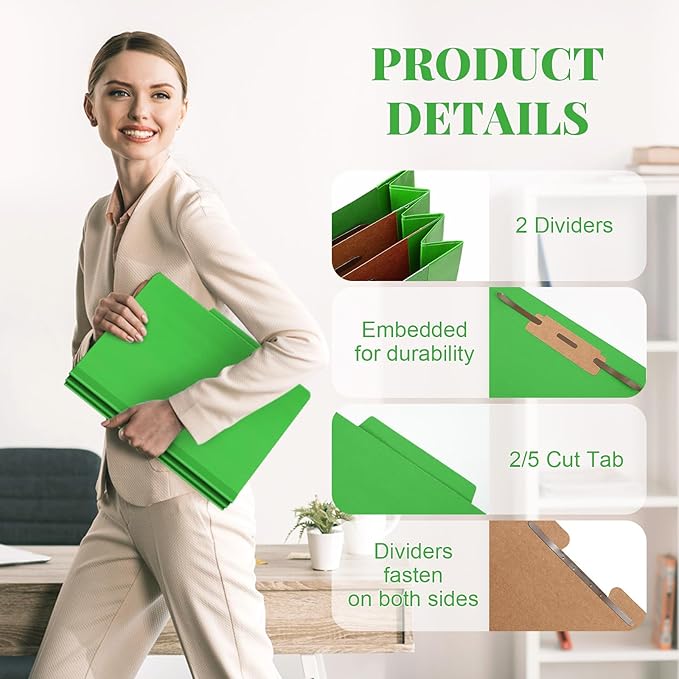 Skyygemm 48 Pcs Classification Folders Letter Size, 2 Divider Pressboard File Folders with 3. 5 Inch Expansion, 2 Prongs Fastener, Heavy Duty Office File Organizers for Teachers, Medical (Green)