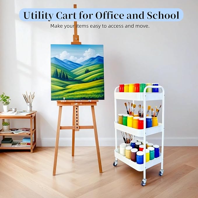 LIWNYRK Metal 3 Tier Rolling Cart with Wheels for Kitchen Storage & Laundry Room Organization, Bedside Cart with Handle and 4 Hooks, Versatile Large Capacity Art & Craft Storage Organizer, White