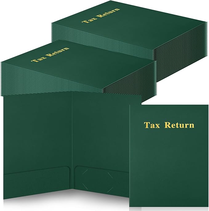 Harloon 40 Pcs Tax Return Folders 12 x 9 Inches 2 Pocket Folders Bulk Gold Foil Stamped Heavyweight Folder, Holds 8 x 11 Inches Letter Size Paper(Green,Cardboard)