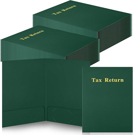 Harloon 40 Pcs Tax Return Folders 12 x 9 Inches 2 Pocket Folders Bulk Gold Foil Stamped Heavyweight Folder, Holds 8 x 11 Inches Letter Size Paper(Green,Cardboard)