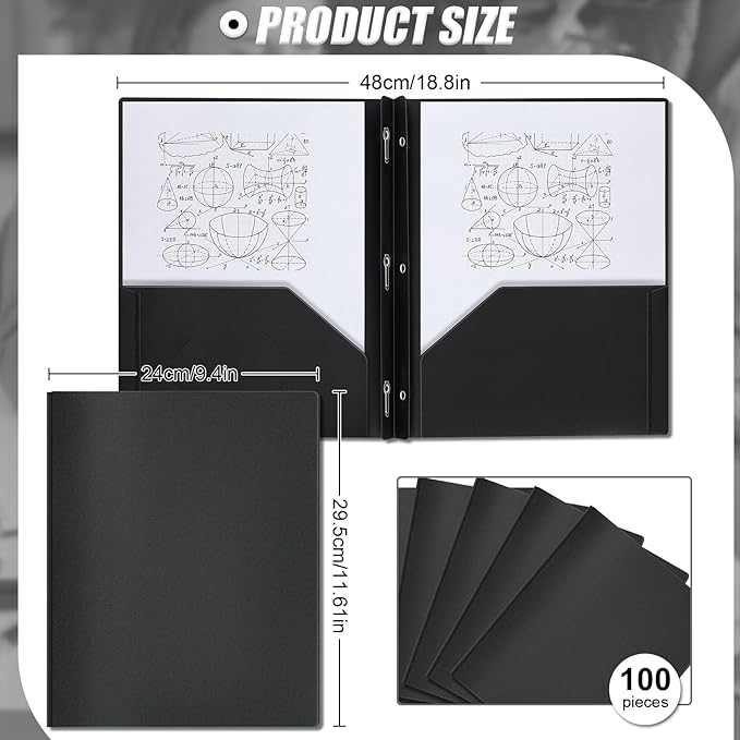 Lincia 100 Pcs Plastic Folders with Pockets and Prong Folders with Prongs 2 Pockets for Office, School for Students, Teachers, Office Workers(Black)