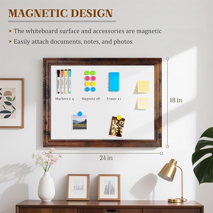 White Board for Wall, 24'' x 18'' Magnetic Dry Erase Board, Decorative Whiteboard, Brown Vintage Wooden Frame