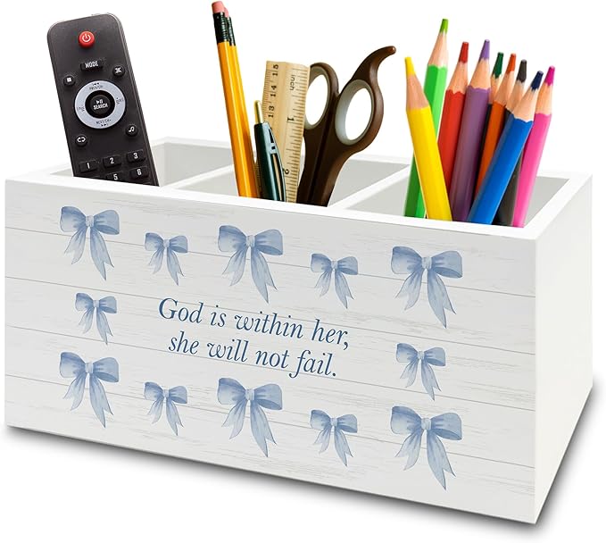 XPH Blue Coquette Bow Christian Pen Pencil Holder Organizer for Desk, Preppy Desk Decor, Christian Gifts for Women, Bible Verse Wooden Box Sign for Girly Room Bedroom Dorm Tabletop Decorations