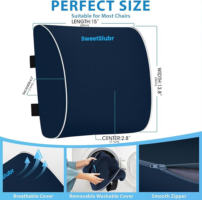 SweetSlubr Large Lumbar Support Pillow for Office Chair, Car Seats and Home Desks, Ergonomic Back Support with Double Adjustable Straps, Machine Washable Cover, Gray