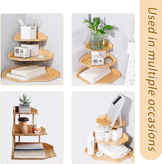 HYNAWIN Bamboo Corner Desk Organizer Shelf, 3-Tier Triangle Storage Rack for Office & Home, Space-Saving Desktop Shelf for Books, Stationery, Makeup, Small Items