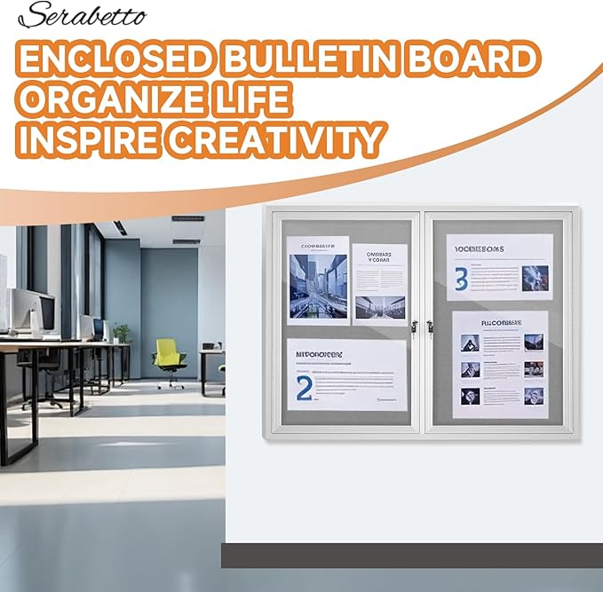 Enclosed Bulletin Board with Locking Door, Outdoor Bulletin Board Weatherproof, Lockable Display Case for Home, Office, and Community Use(31.5" L x 43.3" W Gray)