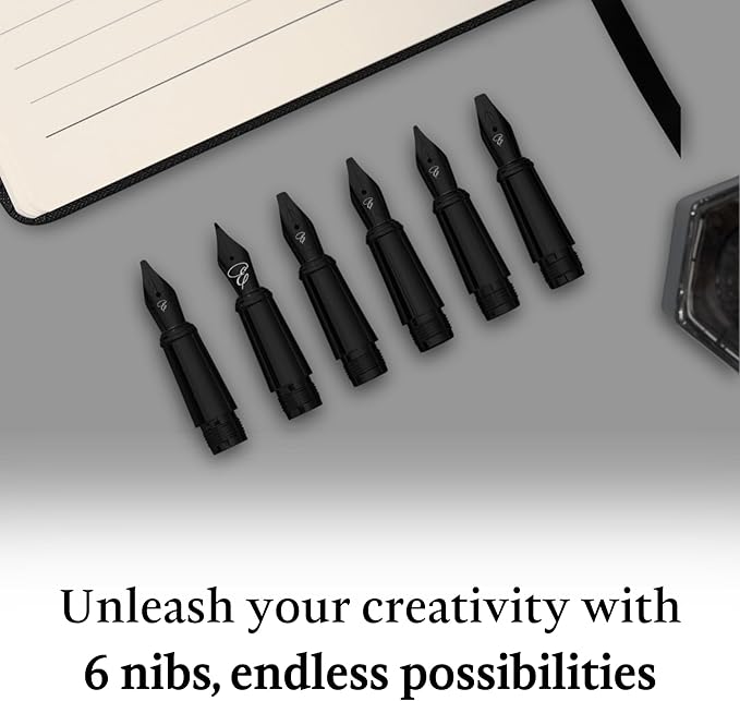 Ellington Pens Luxury Calligraphy Set - Premium Fountain Pen with 6 Nibs, 50 ml Black Ink Bottle, 6 Cartridges, Converter, Elegant Gift Box – Perfect for Drawing, Writing, Gifting (The Stealth)