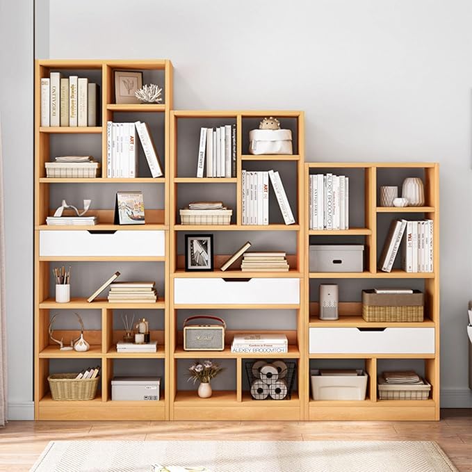 IOTXY Wooden Open Shelf Bookcase - 71 Inches Tall Freestanding Display Storage Cabinet Organizer with 10 Cubes and a Drawer, Floor Standing Bookshelf in Maple Yellow