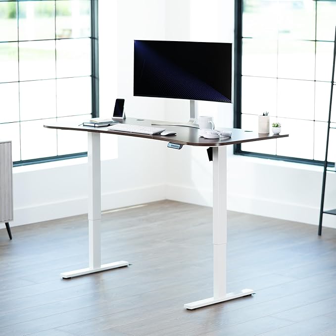 VIVO Electric 63 x 32 in Standing Desk, Memory Height Adjustment, 1B Series, Holds 220 lbs, Dark Walnut Top White Frame, DESK-KIT-1W1D