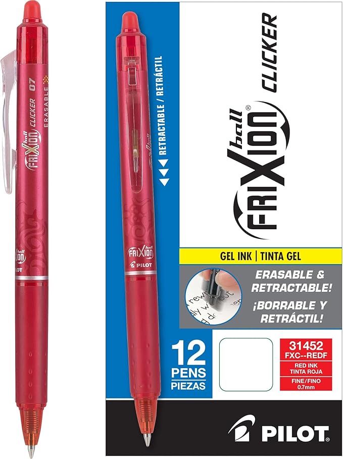 Pilot FriXion Clicker Erasable Gel Pens, Fine Point (0.7mm), Red Ink, 12-Pack - Refillable, Smooth Writing Pens for School, Journaling, and Office Use