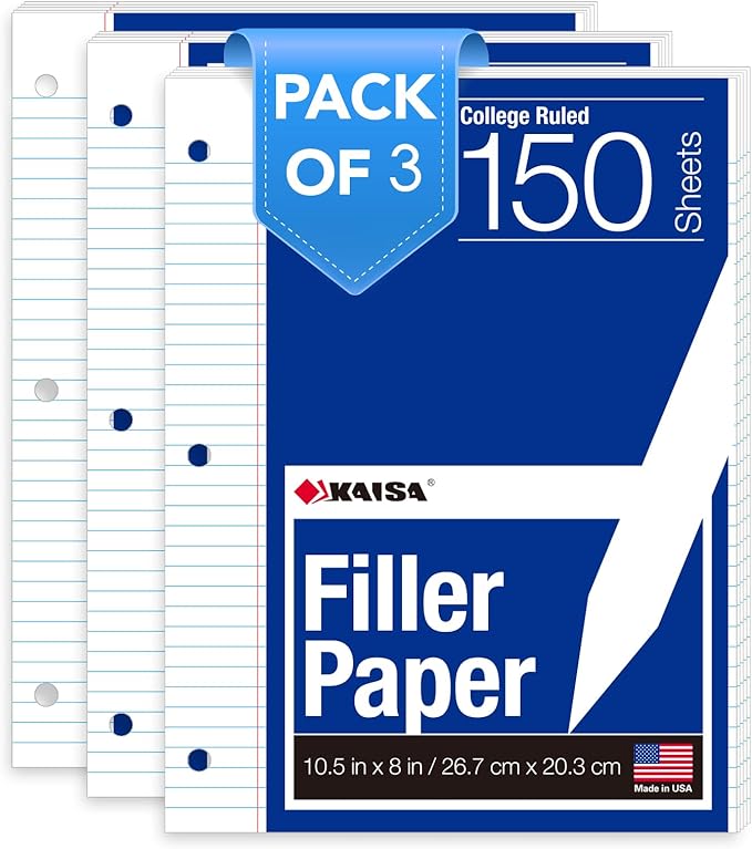 Kaisa3 Pack Notebook Paper College Ruled 3-Hole Punched Loose Leaf Paper 8x10.5 Lined Paper College Ruled Filler Paper for 3-Ring Binder Paper 150 Sheets/Pack (3 Pack-college) F15001C-3pk