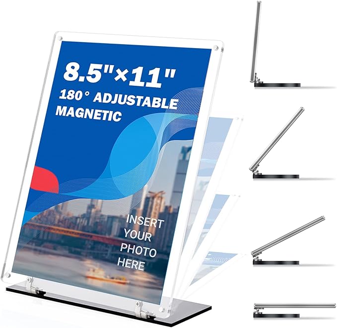YHOLSDAS 180° Adjustable Acrylic Sign Holder 8.5"x11", Magnetic Table Paper Display Stands with Solid Bases For Office, Double-Sided Clear Code Sign Menu Holder For Store