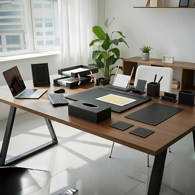 RitPin Desk Set, 11-Piece All-in-One – Executive Desk Accessories & Office Supplies, Leather Desk Organizer with Desk Pad & Blotter, 2-Tier Letter Tray, Luxury Office Desk Decor & Boss Gifts (Black)