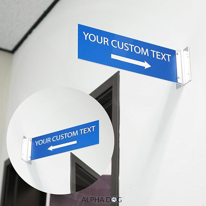 ALPHA DOG SIGNS Custom Projecting Hallway Sign, 4"x12" Double-Sided Business Plaque Left Arrow, Personalized Indoor Outdoor Wayfinding, Easy Install, Durable, Made in USA (Blue)