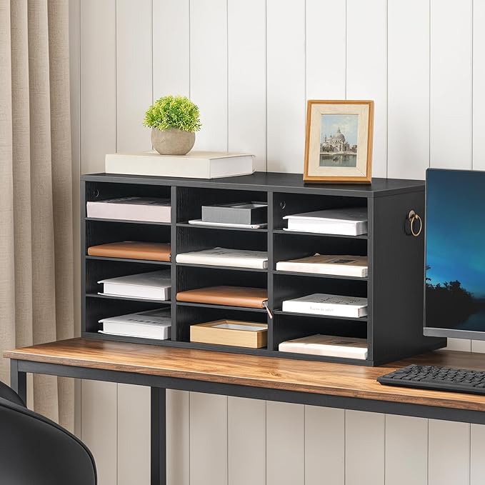 HOOBRO Countertop Mail Sorter, Wooden Literature Organizer, Student Mailbox for Classroom, Desktop Organizer for Office Home School, 12 Compartments Black BK43WF01