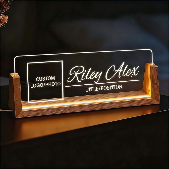 Custom Light Up Office Name Plate, Personalized Desk Sign with Logo or Photo, Coworkers Team Members, Employee Appreciation Gifts