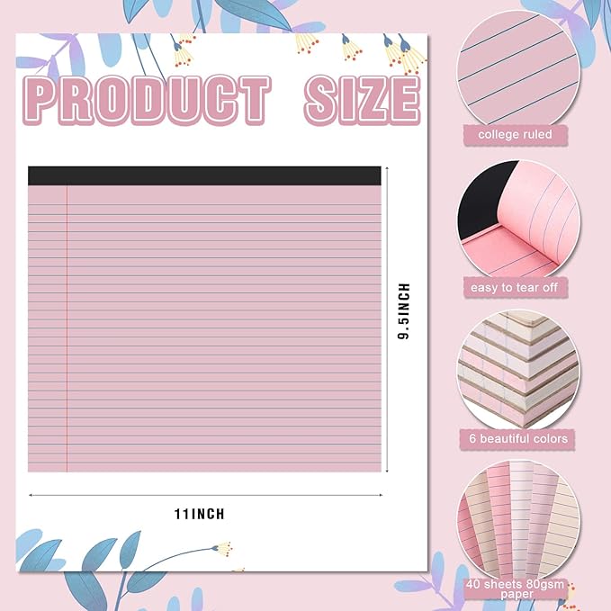 Lincia 6 Pcs 11" x 9.5" Legal Pads College Ruled Notepad Landscape Notebook Horizontal Lined Notebook 80 Gsm Assorted Colors Paper Pastel Writing Pads for School Office, 40 Sheet (Soft Color)
