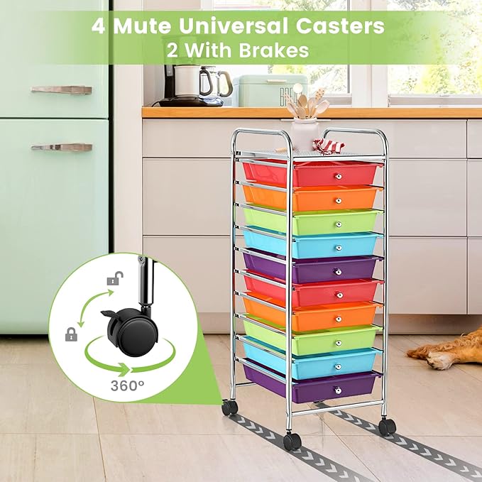 GLACER 10 Drawers Rolling Cart, Storage Cart with w/Removable Drawers & Steel Frame, Utility Mobile Trolley w/Universal Casters & 2 Brakes, Organizer Cart for Home, School, Office (Multicolor)