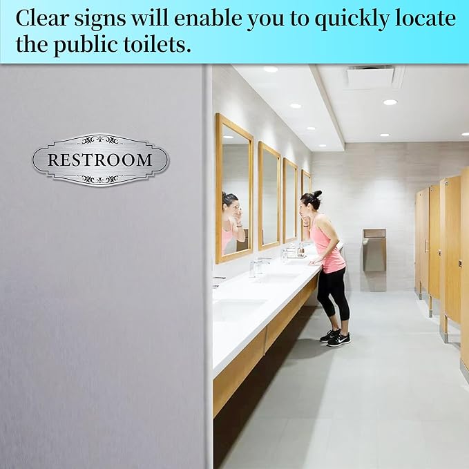 Restroom Sign Sticker for Business & Home, Self-Adhesive Brushed Silver Elegant Bathroom Signs for Door, Durable & Waterproof Unisex Restroom Signage for House Toilet, Office, Store, Shop