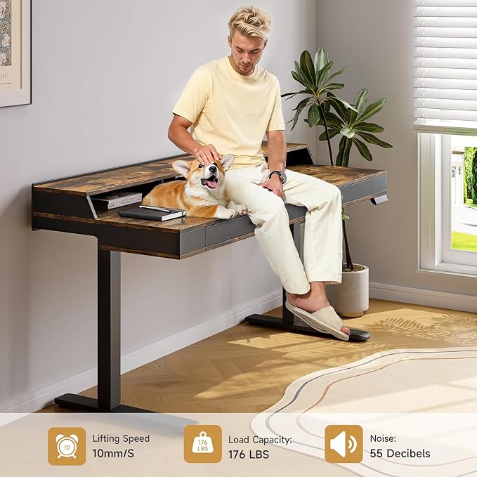 ONBRILL Standing Desk with Drawers, 63x23.6 Electric Stand Up Desk with Storage Shelf and Memory Controller, Sit Stand Desk Adjustable Height from 28-46" for Computer Workstation, Rustic Brown