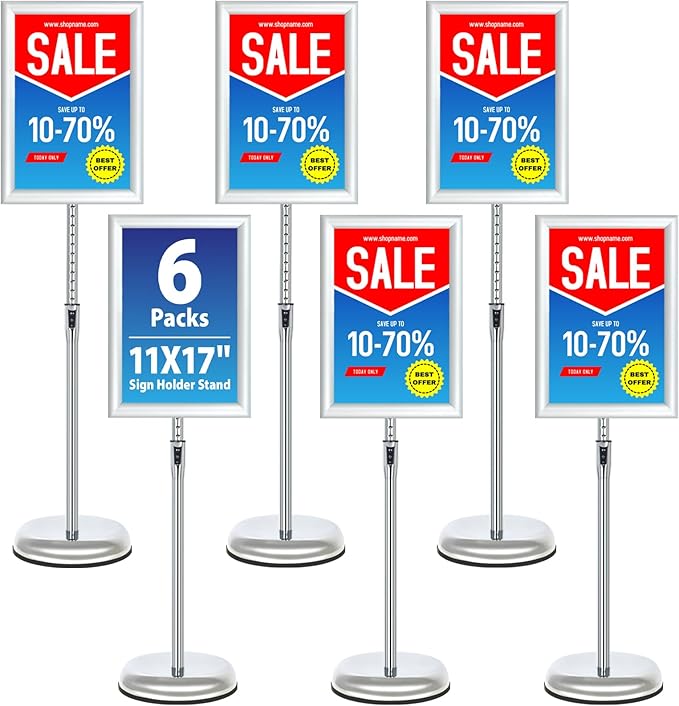 VAIIGO 6Packs Floor Standing Sign Holder Stands for Display 11x17Inch Pedestal Poster Sign Stand, Adjustable Sign Holder Stand for Vertical & Horizontal View Sign Display Stand, Silver