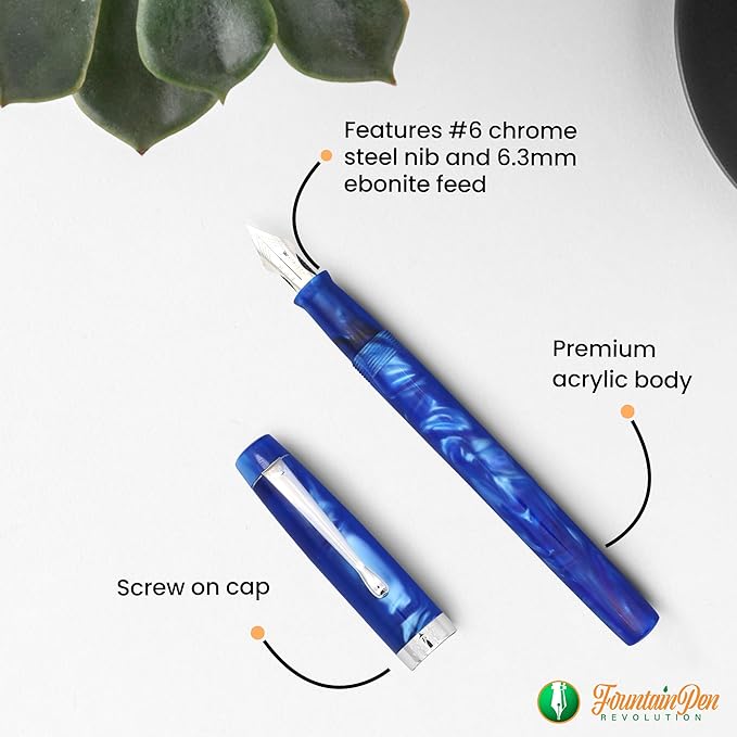 FPR Himalaya V2-Chrome Ultra Flex Nib Pen - Twist-Style Converter Filled Calligraphy Pens for Writing-Fancy Pens for Men & Women- Flex Fountain Pen w/Metal Clip & Cap Ring (Indigo Blue Acrylic)