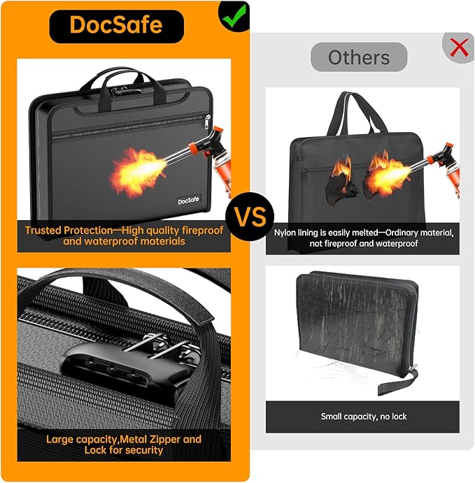 DocSafe Accordion File Organizer Bag with Lock, Fireproof Water Resistant Expanding File Folder with Multi Colorful Pockets,Document Organizer Safe Storage for Important Documents and More, Black