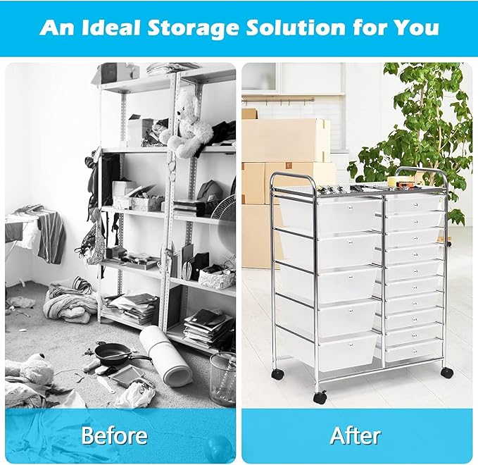 LDAILY 15 Drawer Rolling Storage Cart, Rolling Cart with Drawers for Classroom, Art Supply Craft Organizer on Wheel with Metal Frame & Handles for Home Office School