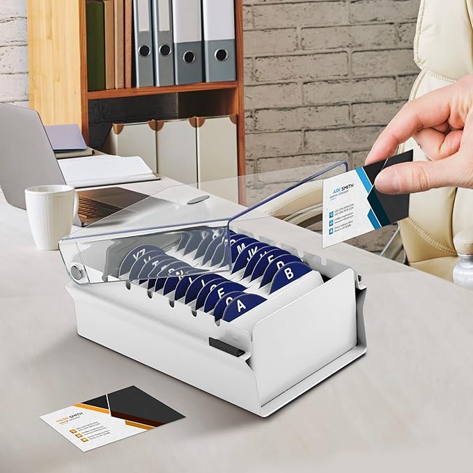 Acrimet Index Business Card Size File Holder Organizer Box Metal Base Heavy Duty (AZ Index Cards and Divider Included) (White Color with Clear Crystal Plastic Lid Cover)