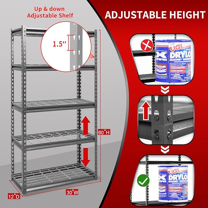 Shuntong The Atlas 30" W x 12" D x 60" H Adjustable Garage Storage Shelves Load 2500 lbs, 5 Tier Heavy Duty Shelving Unit, Metal Utility Storage Rack for Warehouse Pantry Basement Kitchen, Dark Grey