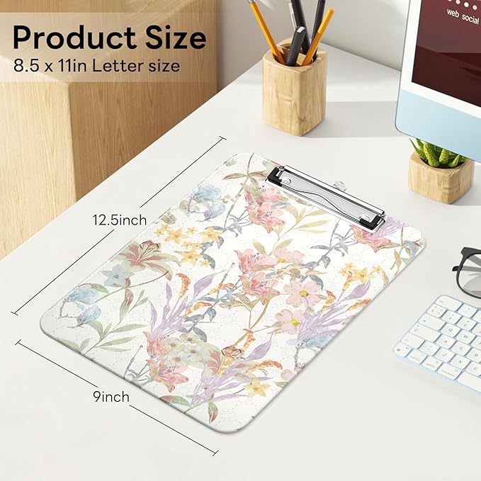 Luminzo Plastic Cute Clipboard Low-Profile Metal Clip, A4 Letter Size 9 x 12.5 in, 8.5 x 11 Paper Clip Board for Teachers, Nurses, Classroom,Botanical Print