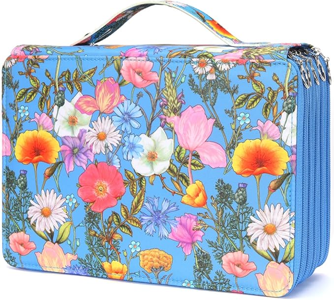 Vomgomfom Colored Pencil Case - 252 Slot Holder with Zipper Closure, Twill Fabric Large Capacity Pencil Case for Watercolor Pens, Markers, Artist Organizer (Blue Flower)