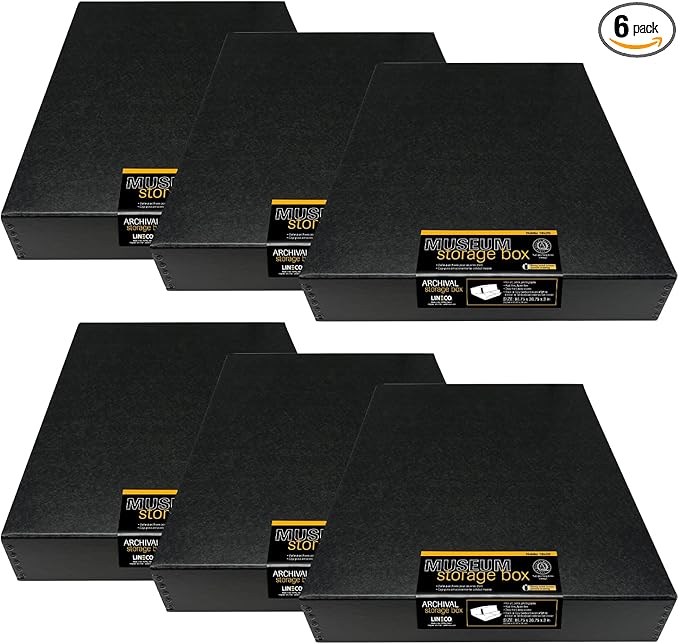 Lineco Museum Archival Storage Box, 16.75x20.75x3 in. Drop Front Design. Acid-Free with Metal Edge. Organize Photos, Pictures, Prints, Documents, Crafts, DIY. Black, 6 Pack