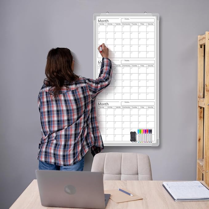 Lincia 36" x 18" Double Sides Dry Erase Calendar for Wall Undated Dry Erase Calendar Planner Aluminum Frame Whiteboard for Home School Office Projects Wall Fridge