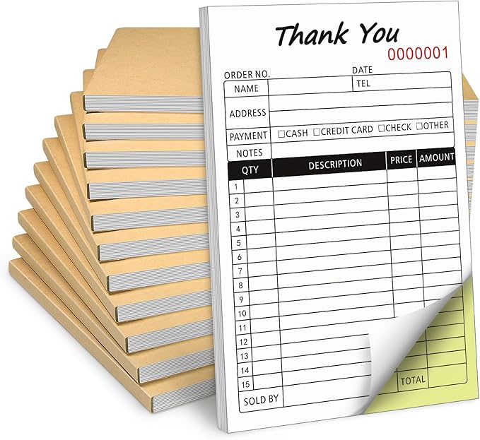 Receipt Book with Cardboard 2-Part Carbonless, Order Forms for Small Business